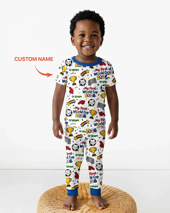Custom Name My First Soccer Cup Bamboo Two Piece Short Sleeve Pajama Set