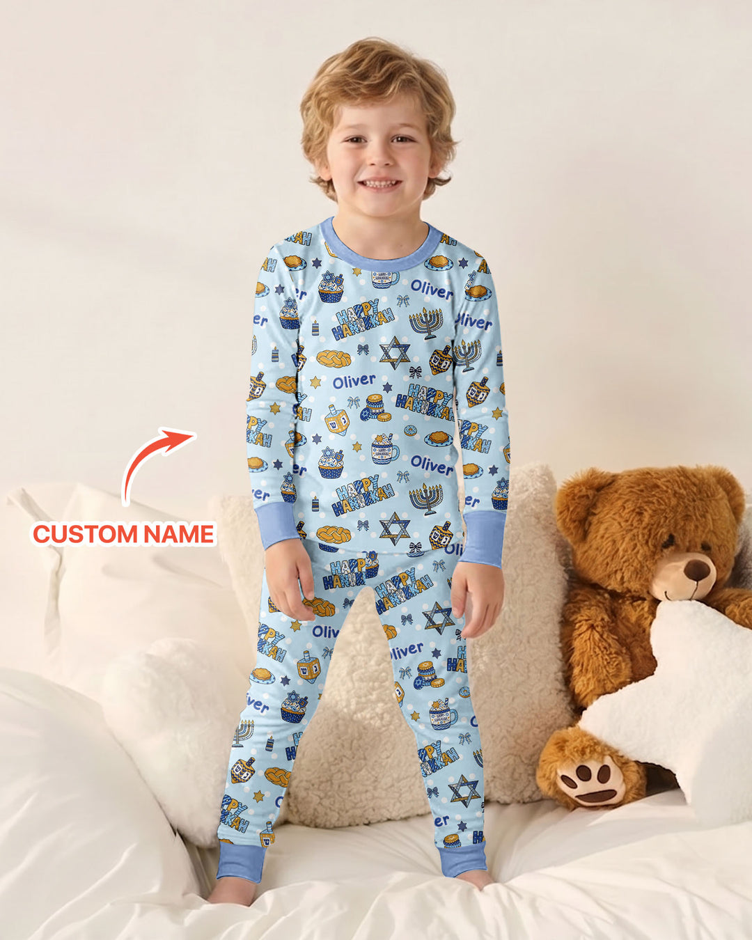 Custom Name Jewish Holiday Bamboo Two Piece Long Sleeve Pajama Set