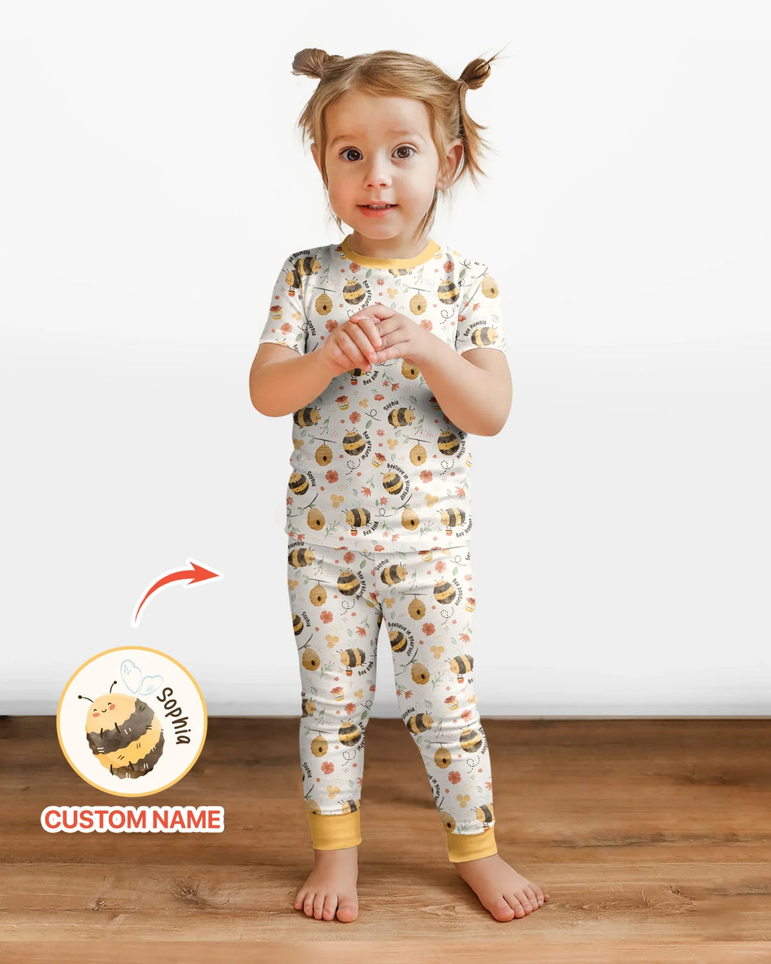 Bee Kind Custom Name Bamboo Two Piece Short Sleeve Pajama Set