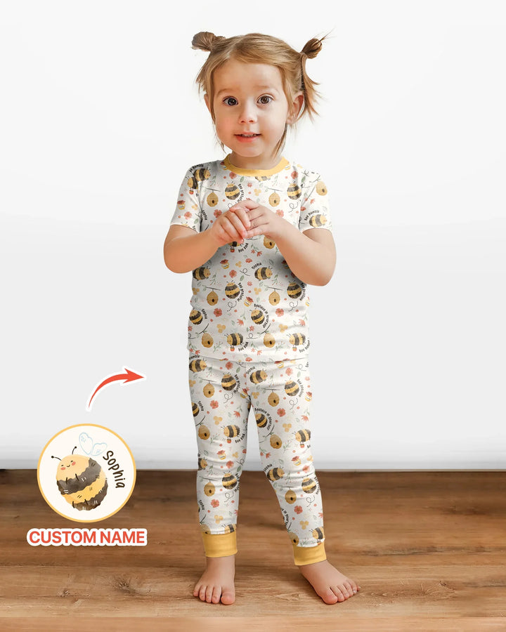 Bee Kind Custom Name Bamboo Two Piece Short Sleeve Pajama Set