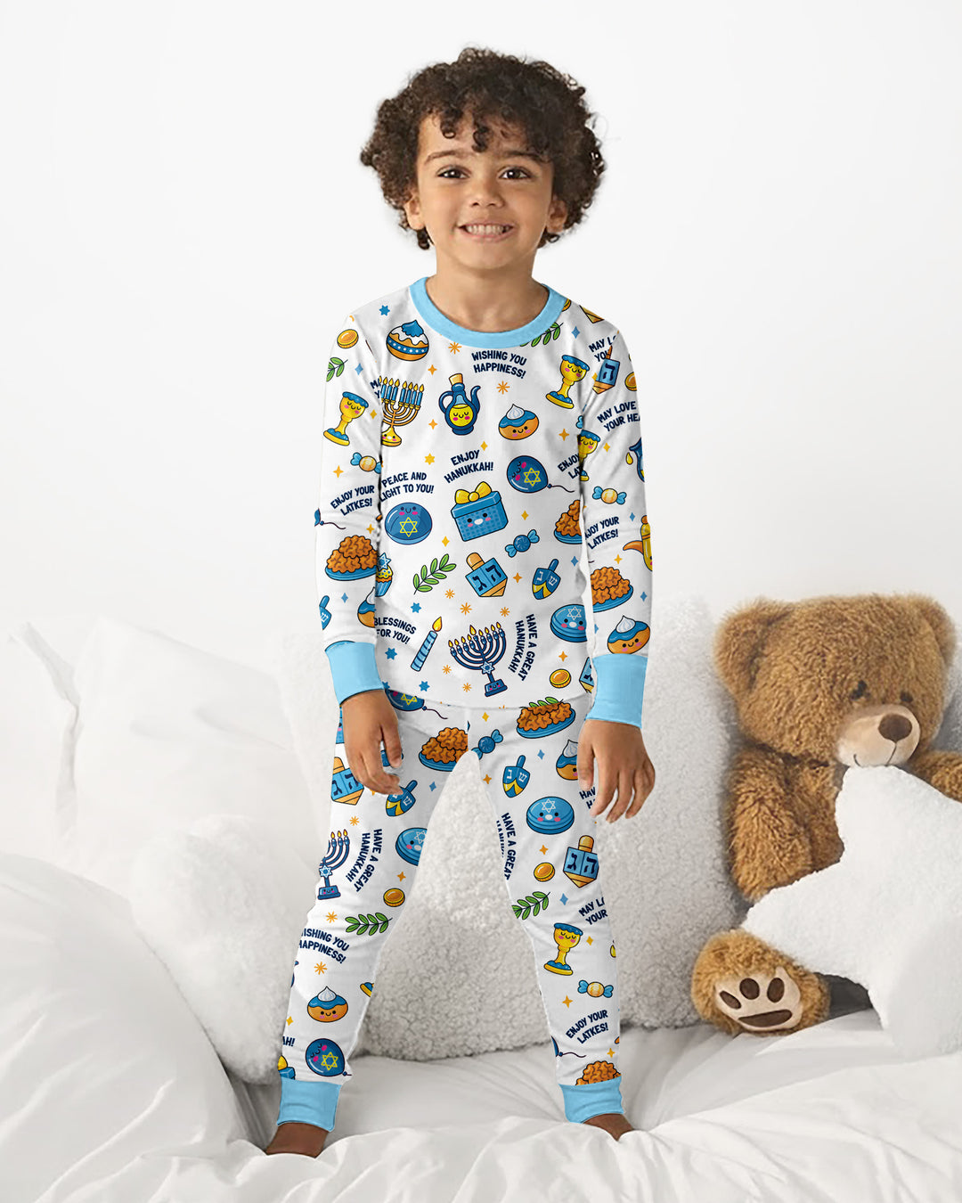 Kawaii Menorah Holiday Bamboo Two Piece Long Sleeve Pajama Set