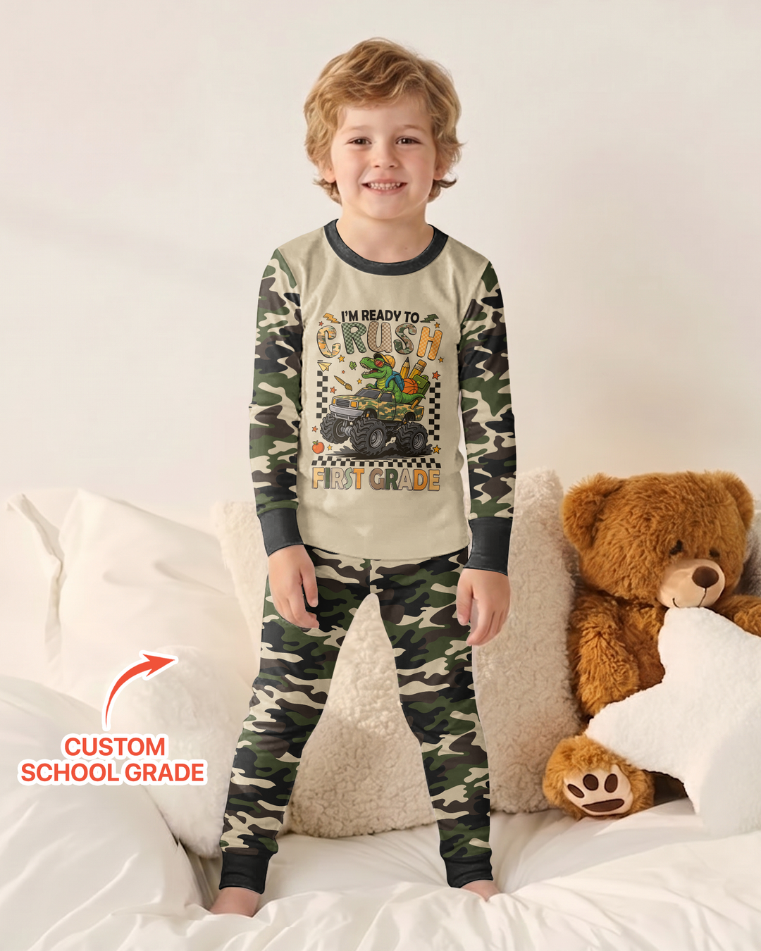 Back To School Monster Truck Dino Bamboo Two Piece Long Sleeve Pajama Set