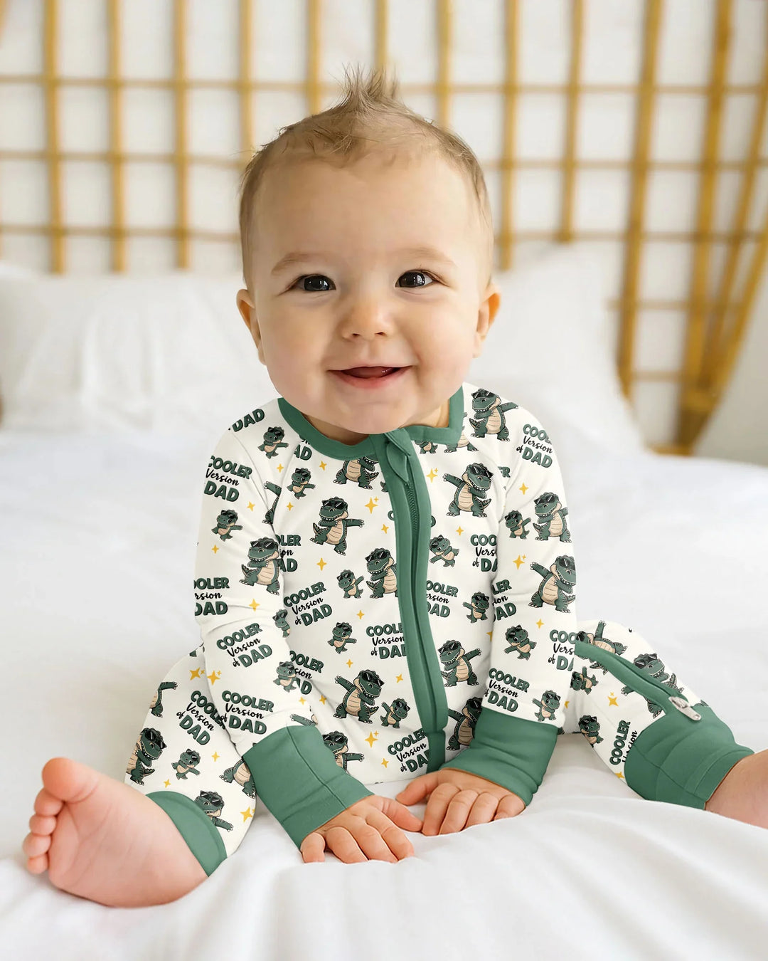 Divertido pijama de bambú convertible con cremallera de dinosaurio para papá e hijo a juego