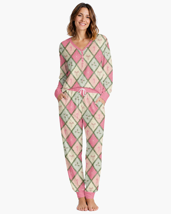 Pink Christmas Patchwork Mommy & Me Matching Bamboo Women Pajama Set