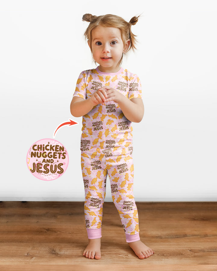 Chicken Nuggets and Jesus Family MatchingBamboo Two Piece Short Sleeve Pajama Set
