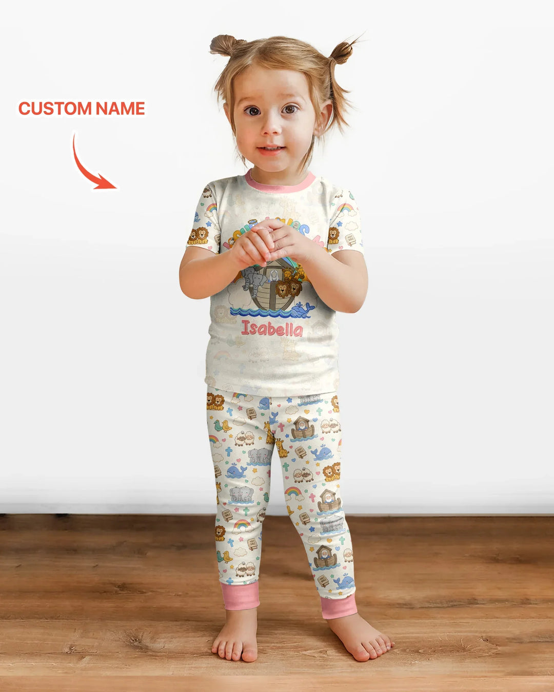 Custom Name Noah's Ark Jesus Loves Me Bamboo Two Piece Short Sleeve Pajama Set