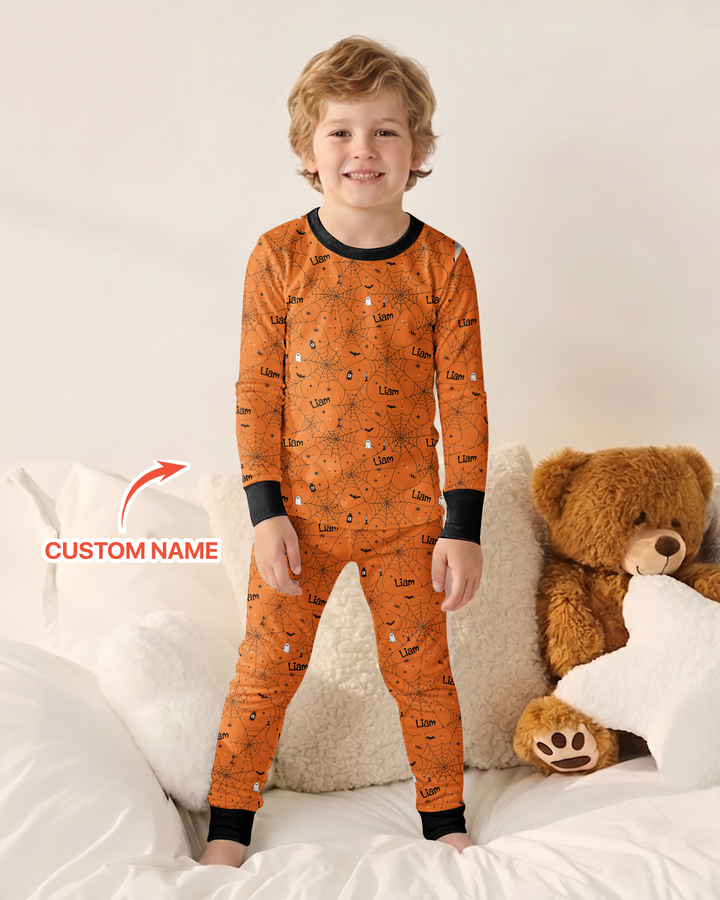 Spooky Spider Web Halloween Custom Name Bamboo Two Piece Long Sleeve Pajama Set