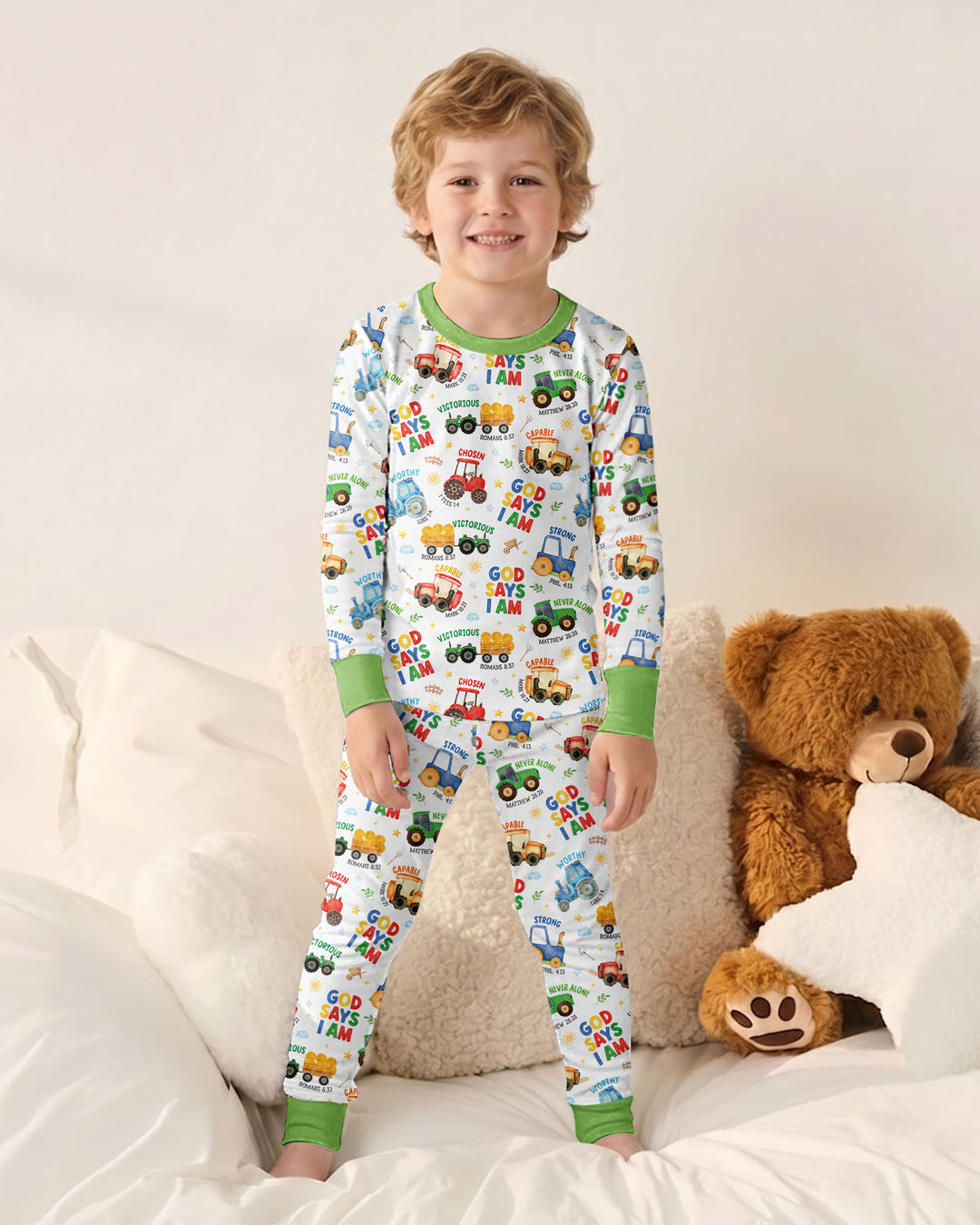 Farm Vehicles God Says I am Bamboo Two Piece Long Sleeve Pajama Set