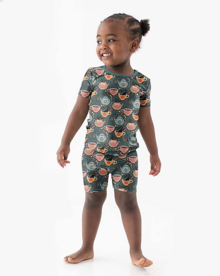 Folk Floral Black Cat Tea Party Bamboo Two Piece Short Sleeve Shorts Pajama Set