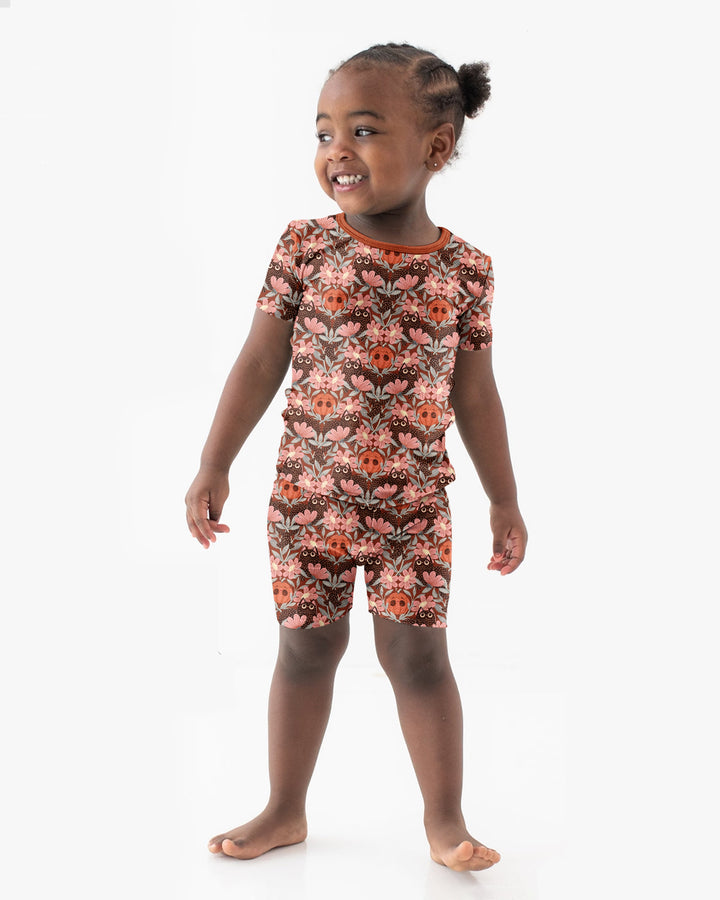 Spooky Owl Pumpkin Folk Floral Halloween Bamboo Two Piece Short Sleeve Shorts Pajama Set