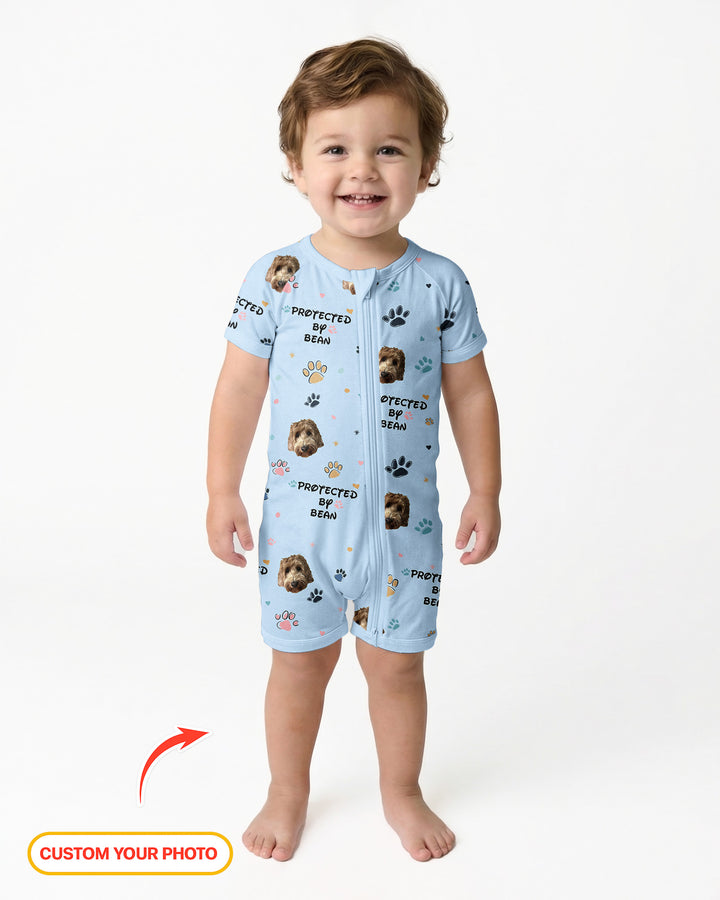 Custom Dog Photo Pattern "Protected By" Bamboo Shorty Zippered Romper