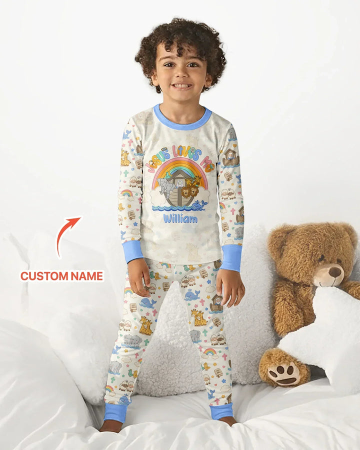 Custom Name Noah's Ark Jesus Loves Me Bamboo Two Piece Long Sleeve Pajama Set