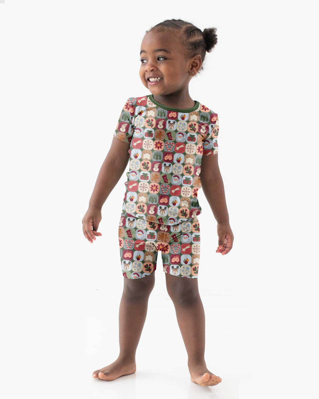 Christmas Felt Patchwork Bamboo Two Piece Short Sleeve Shorts Pajama Set