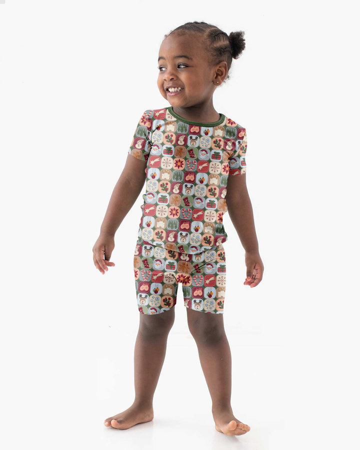 Christmas Felt Patchwork Bamboo Two Piece Short Sleeve Shorts Pajama Set