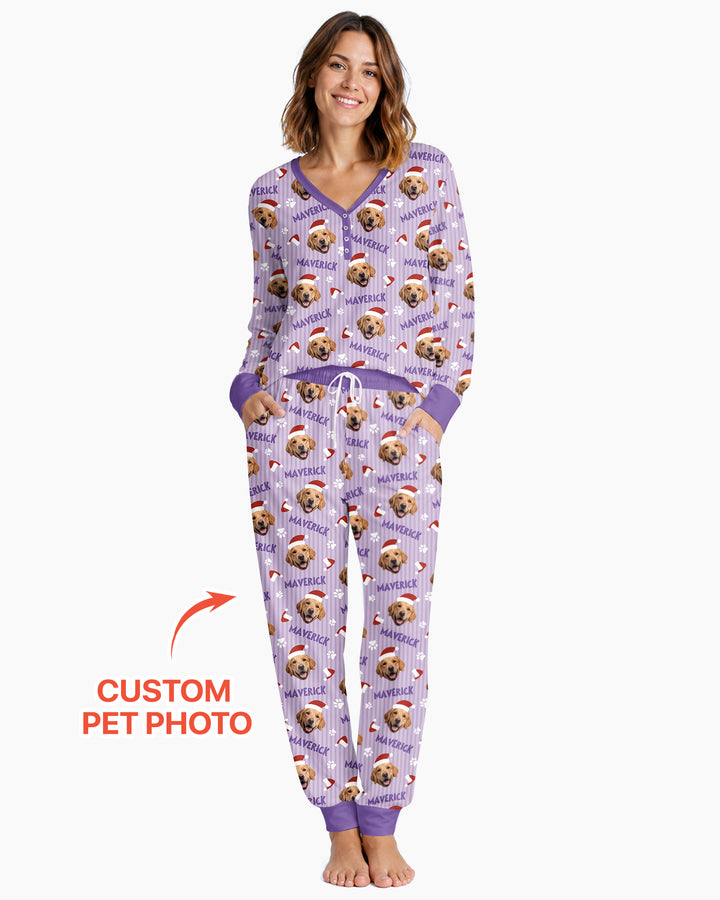 Custom Pet Photo Christmas Paws Stripe Bamboo Women Pajama Set