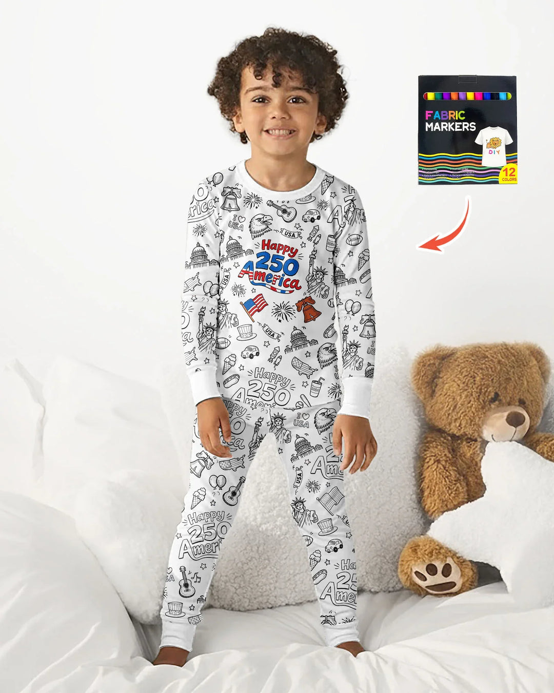 All Colorable Happy 250 America I love USA Bamboo Two Piece Long Sleeve Pajama Set