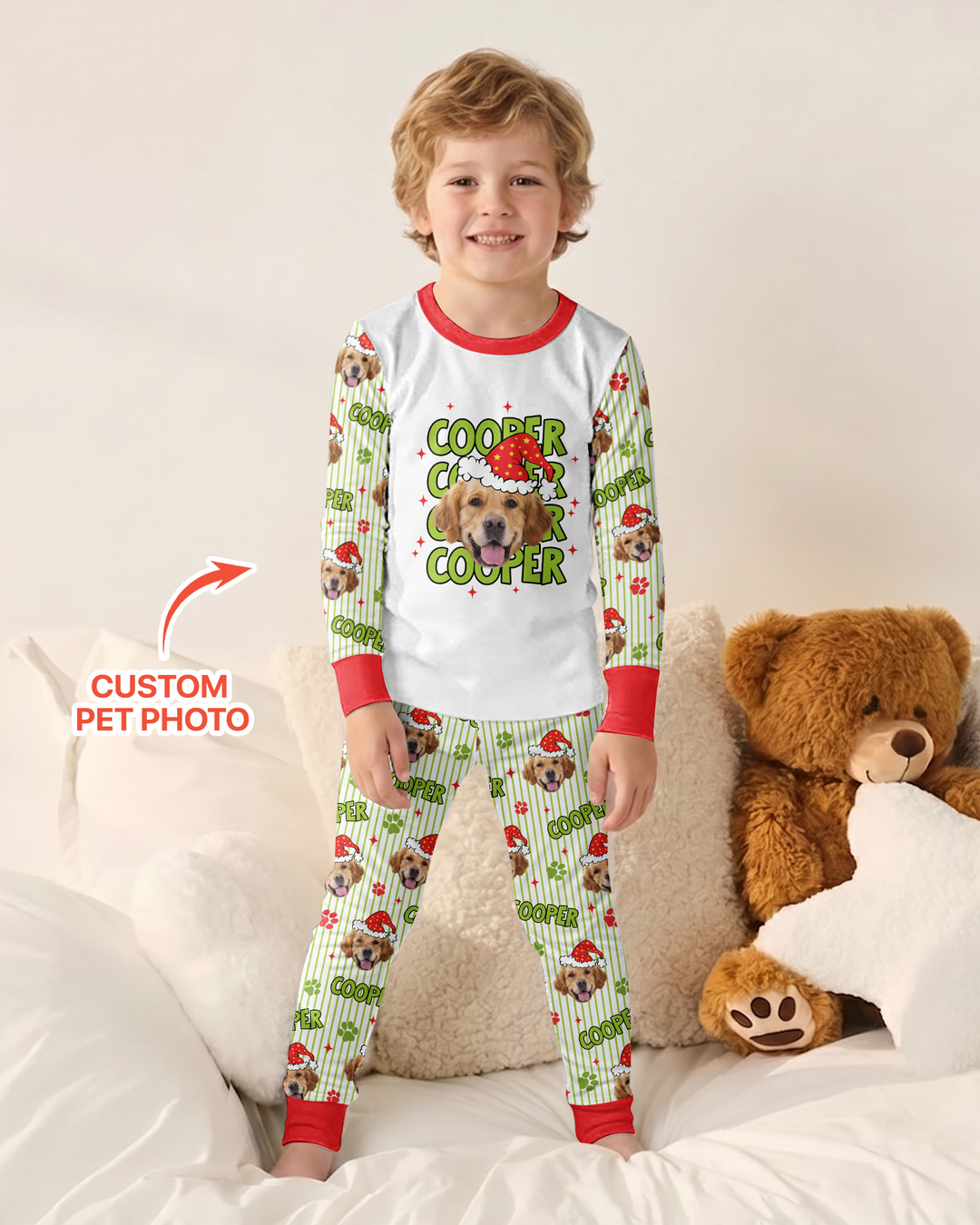 Personalized Pink Santa Dog Bamboo Two Piece Long Sleeve Pajama Set