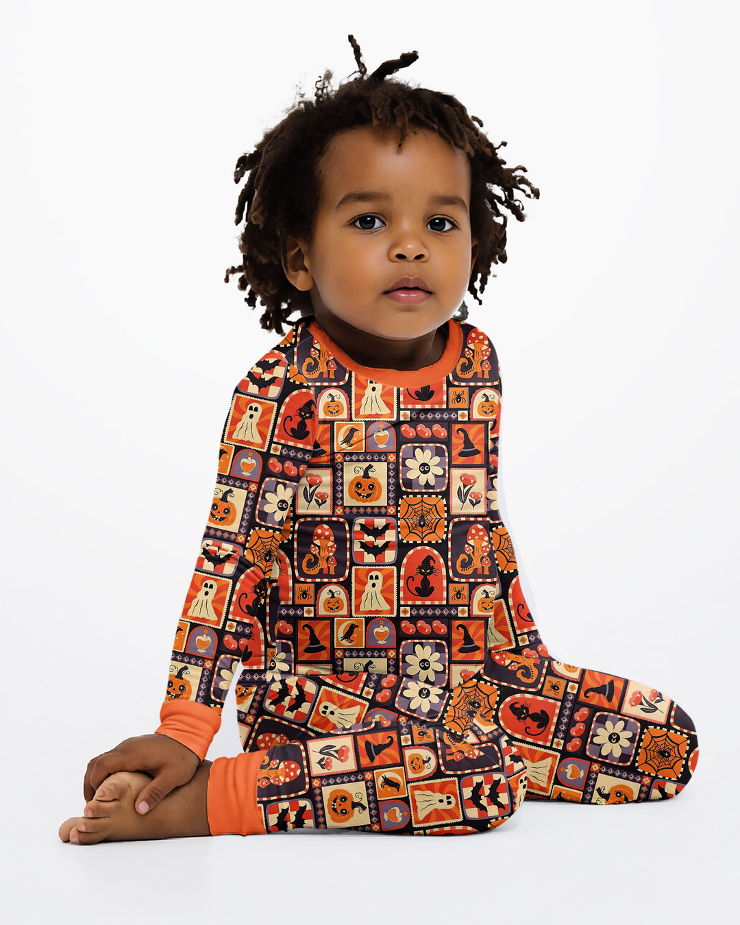 Retro Halloween Patchwork Icons Bamboo Two Piece Long Sleeve Pajama Set