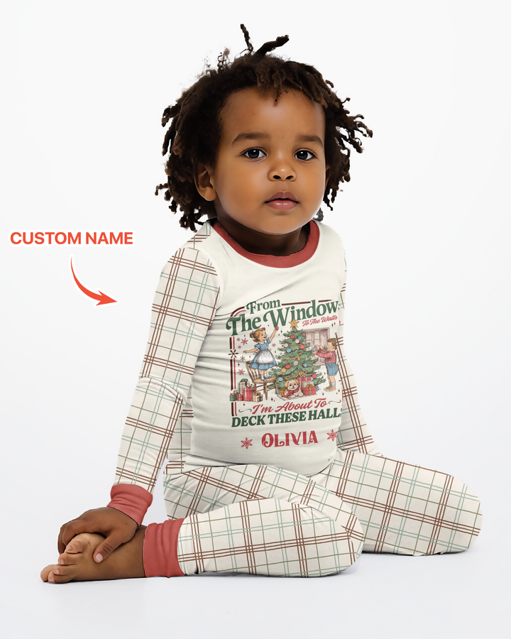 Custom Name Vintage Deck The Halls Bamboo Two Piece Long Sleeve Pajama Set