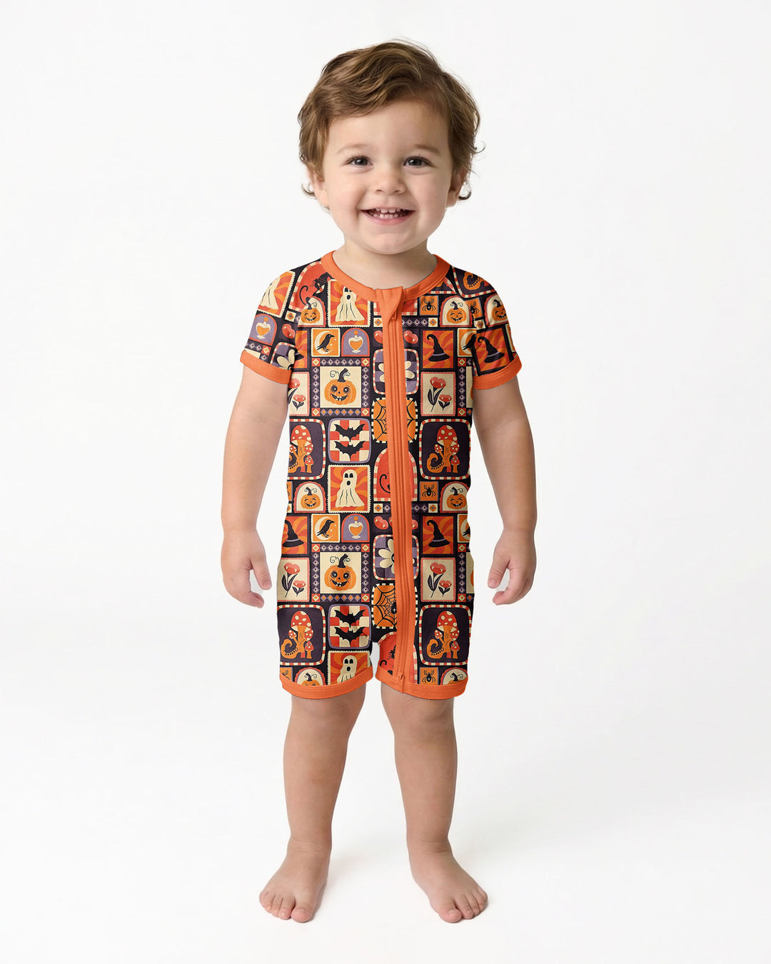 Retro Halloween Patchwork Icons Bamboo Shorty Zippy