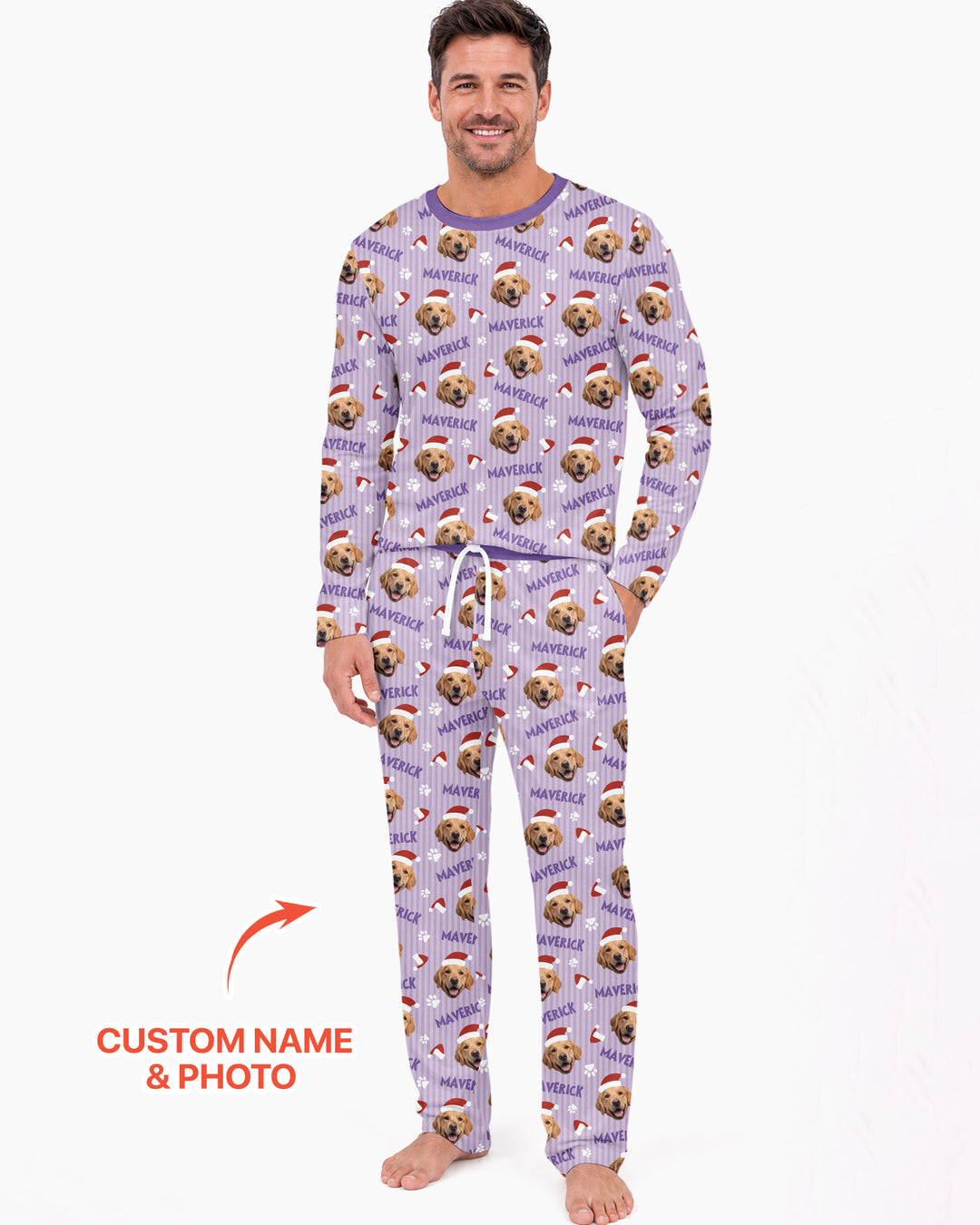 Custom Pet Photo Christmas Paws Stripe Bamboo Men's Pajama Set