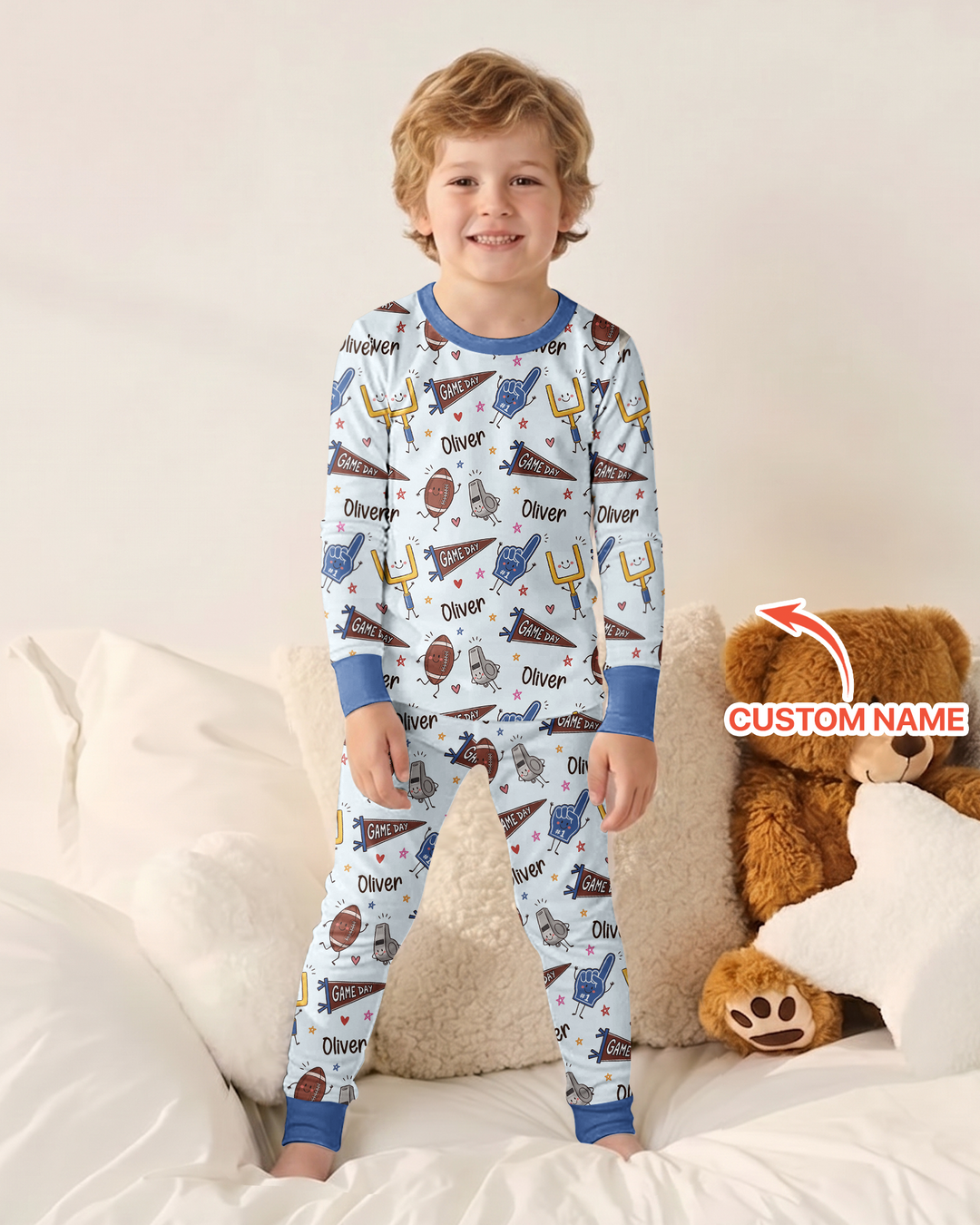 Custom Name Football Game Day Bamboo Two Piece Long Sleeve Pajama Set
