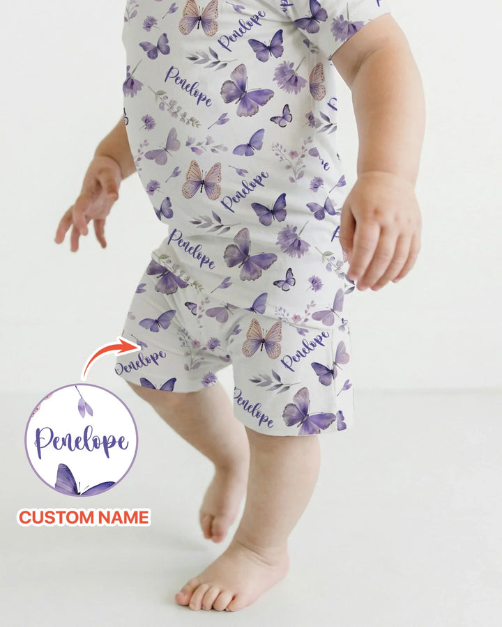 Custom Name Lilac Bloom Bamboo Two Piece Short Sleeve Shorts Pajama Set