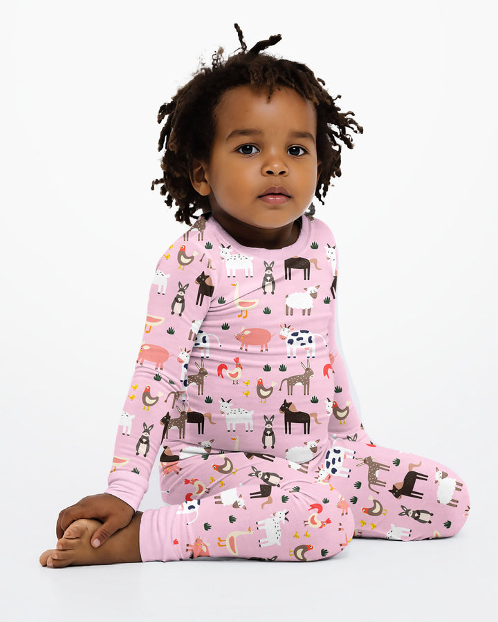 Pink Farm Animals Bamboo Two Piece Pajama Set