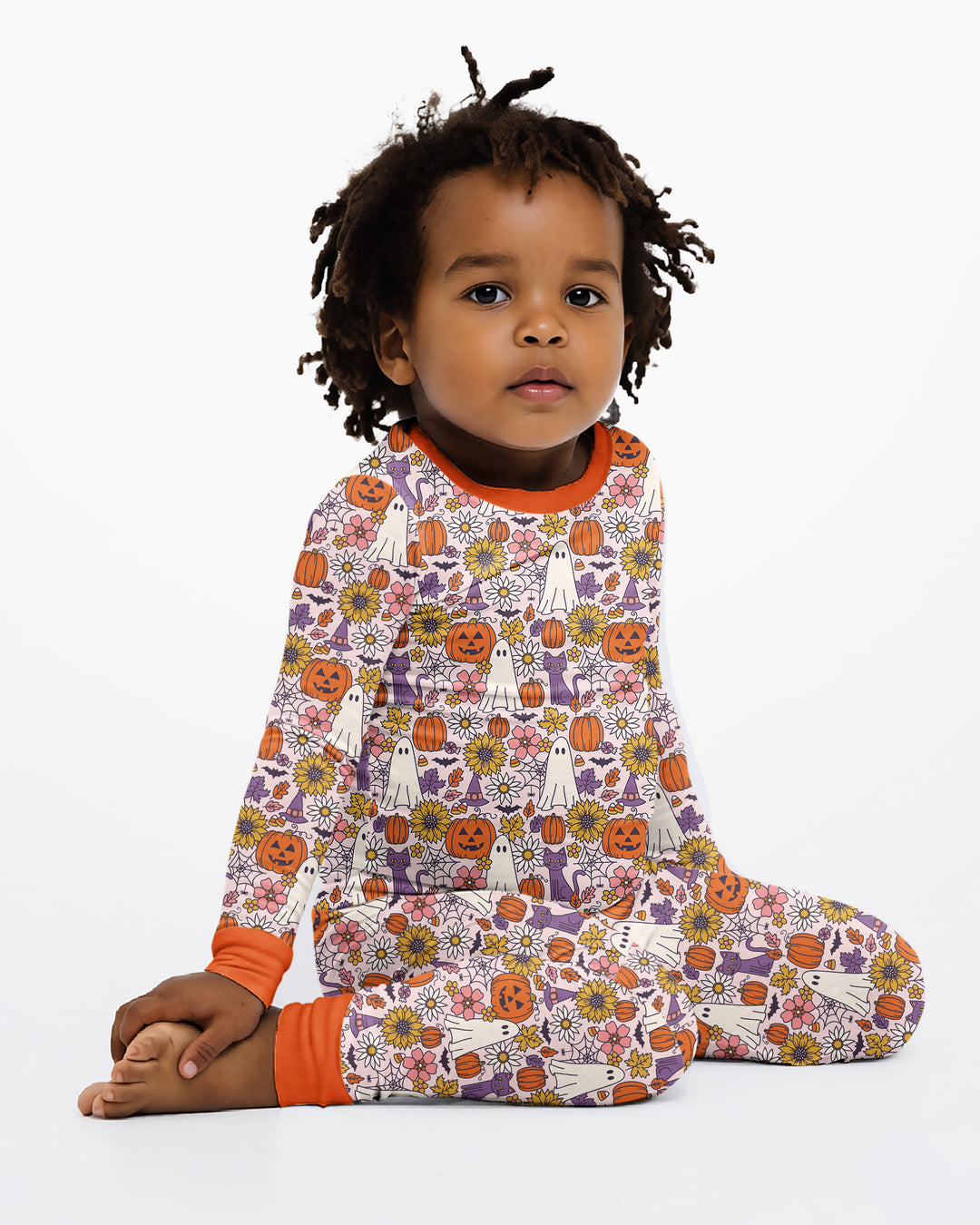 Ghost Pumpkin Fall Floral Halloween Bamboo Two Piece Long Sleeve Pajama Set