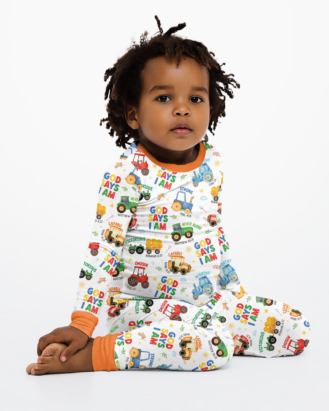 Farm Vehicles God Says I am Bamboo Two Piece Long Sleeve Pajama Set