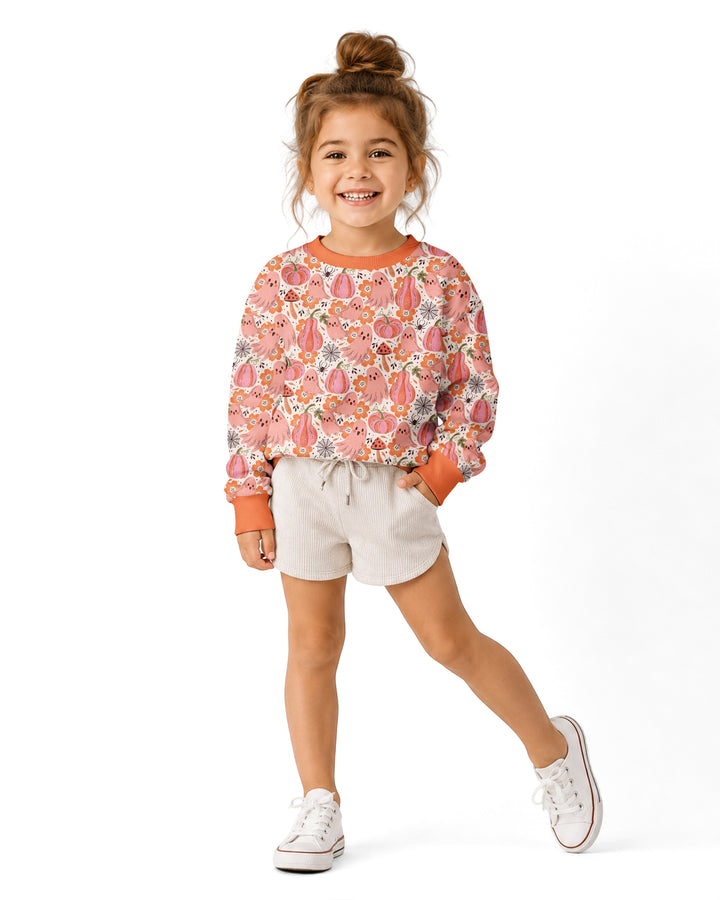Pink Ghost Pumpkin Fall Floral Halloween Bamboo Crewneck Sweatshirt