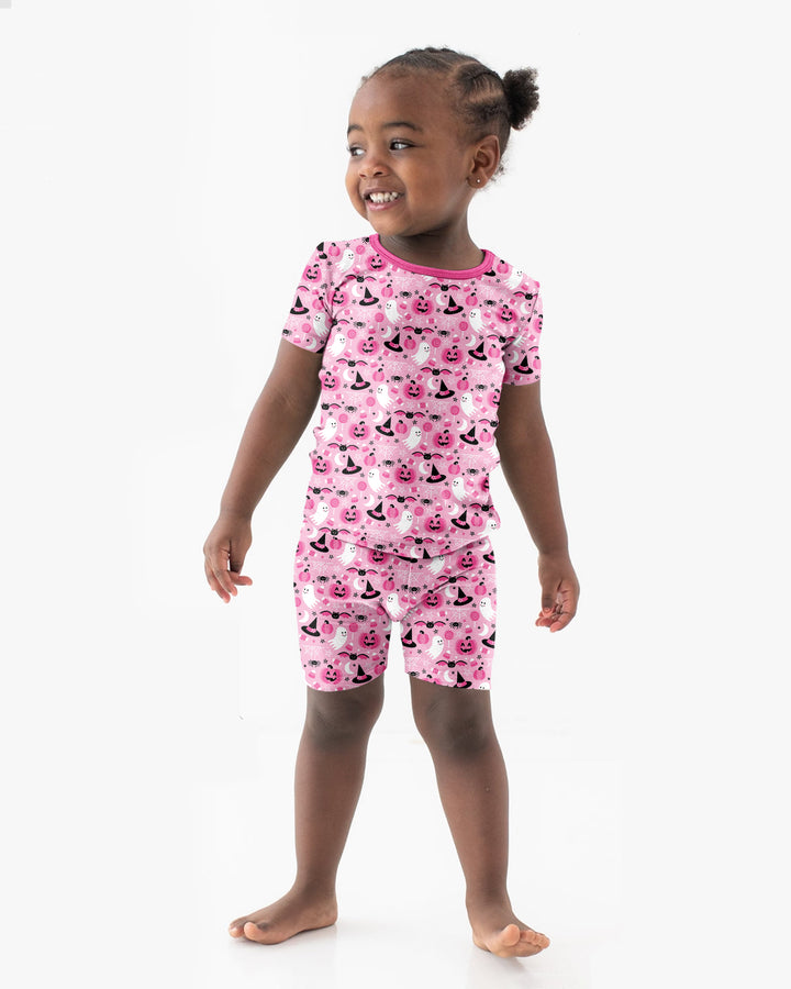 Cute Pink Halloween Ghost Pumpkin Witch Bamboo Two Piece Short Sleeve Shorts Pajama Set