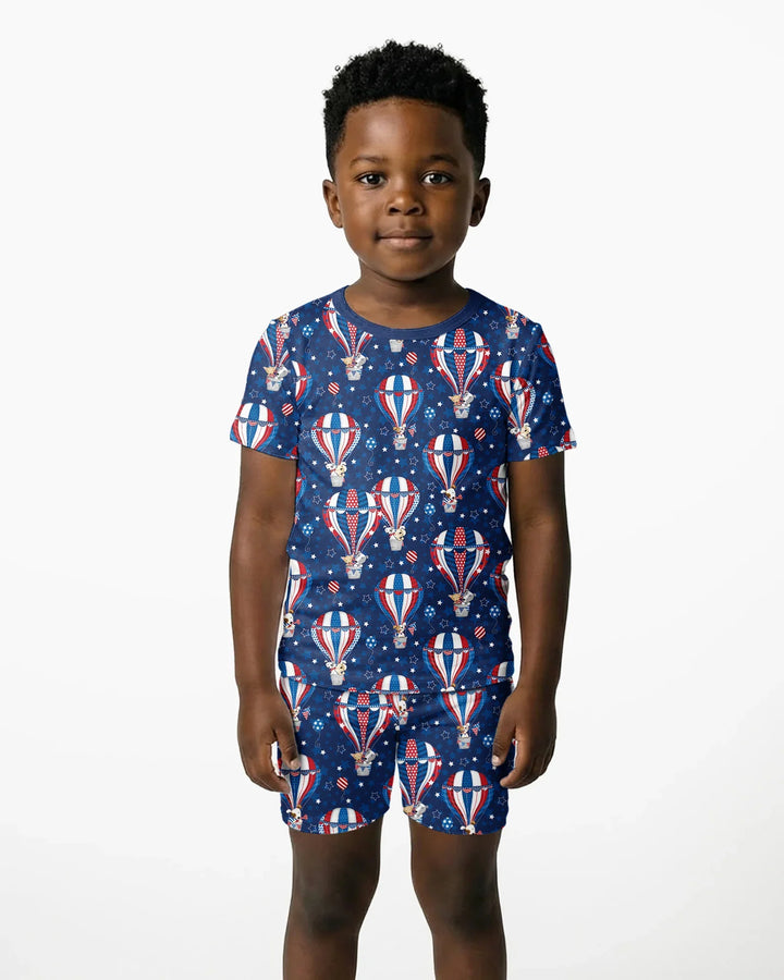 Patriotic Pups in Hot Air Balloons Family Matching Bamboo Two Piece Short Sleeve Shorts Pajama Set