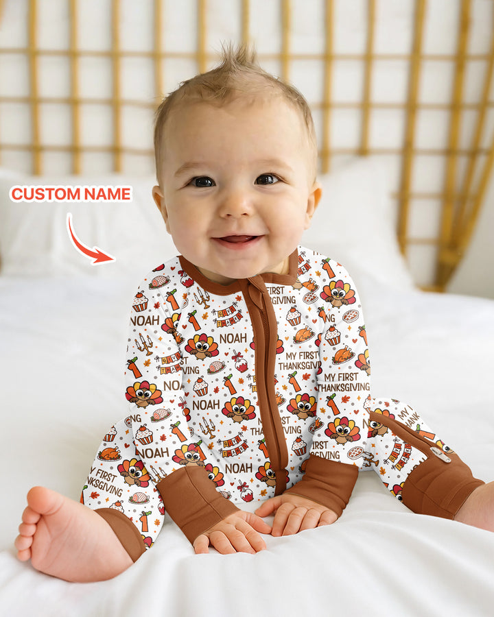 Custom Name Doodle Turkey My First Thanksgiving Bamboo Convertible Zippy