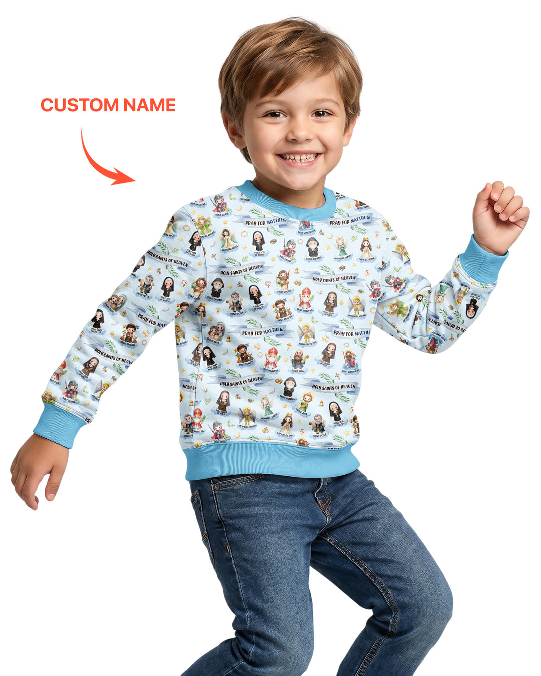 Sudadera de cuello redondo de bambú con nombre personalizado "Holy Saints of Heaven"