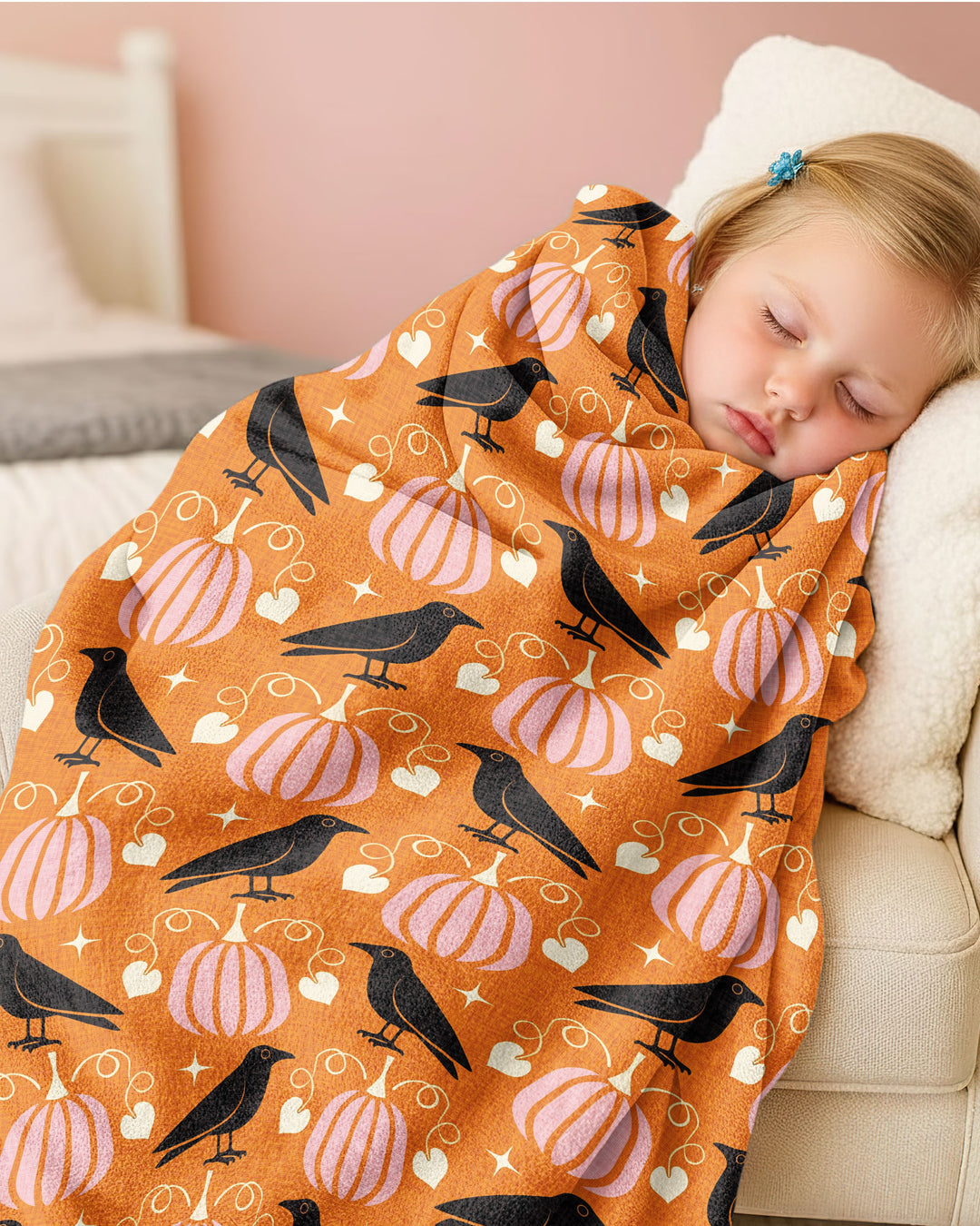 Ravens in a Pumpkin Patch - Orange Pink Bamboo Blanket