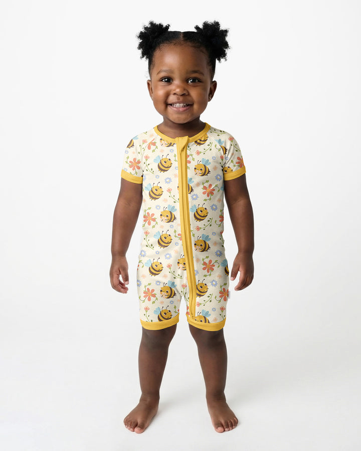 Bees and Flowers Bamboo Shorty Zippered Romper