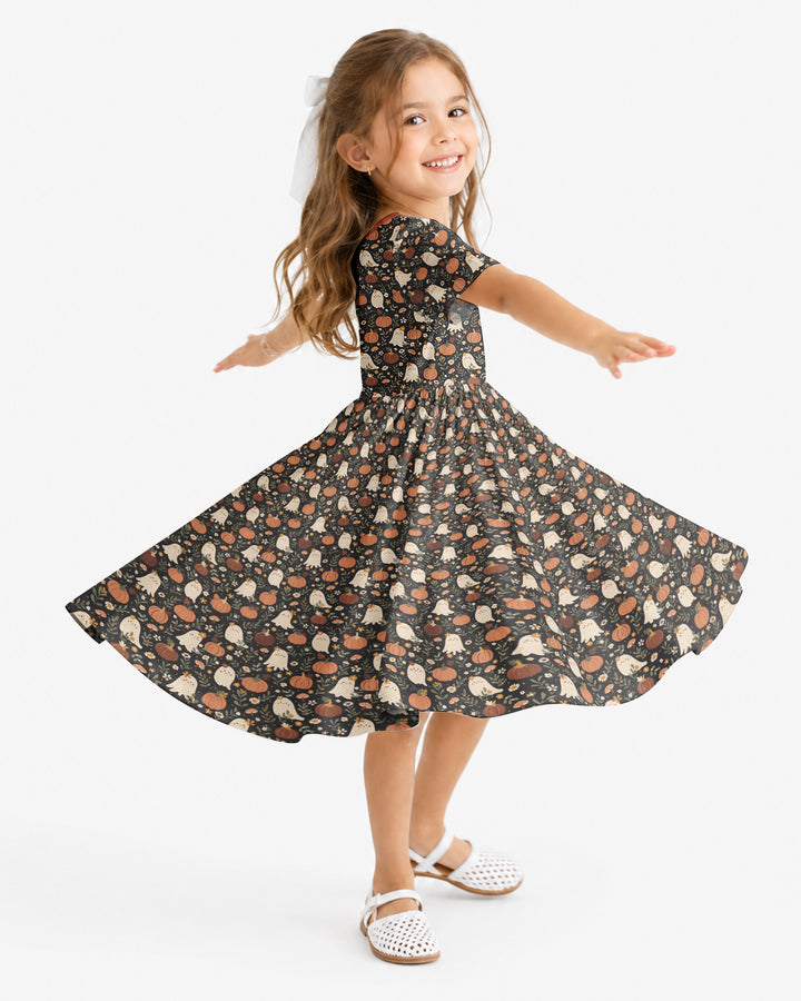 Ghost Pumpkin Harvest Floral Halloween Bamboo Twirl Dress