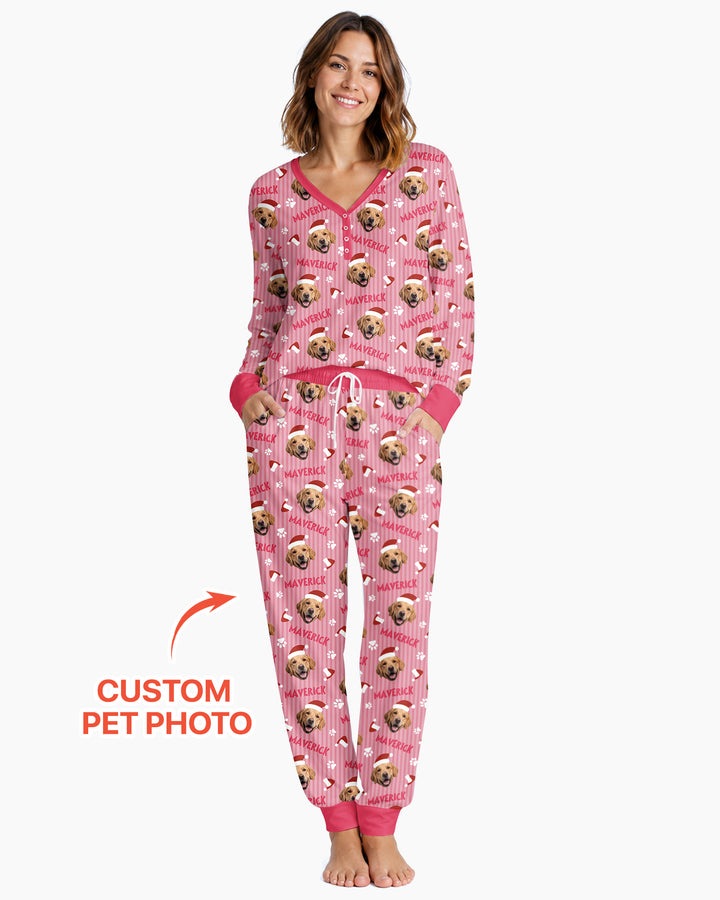 Custom Pet Photo Christmas Paws Stripe Bamboo Women Pajama Set