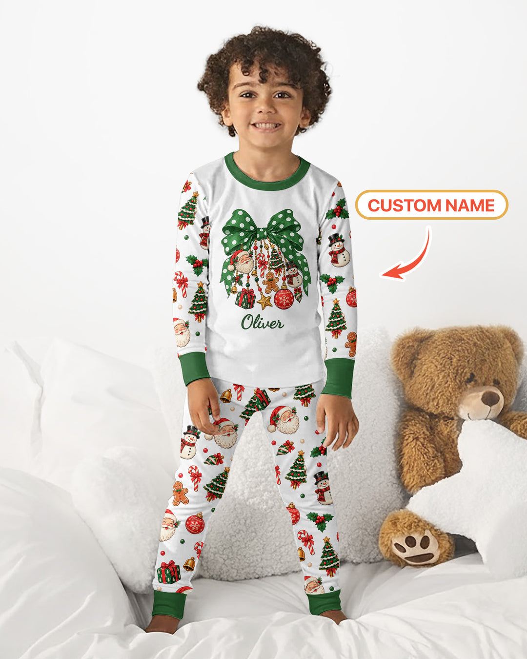 Custom Name Christmas The Bow Bamboo Two Piece Long Sleeve Pajama Set