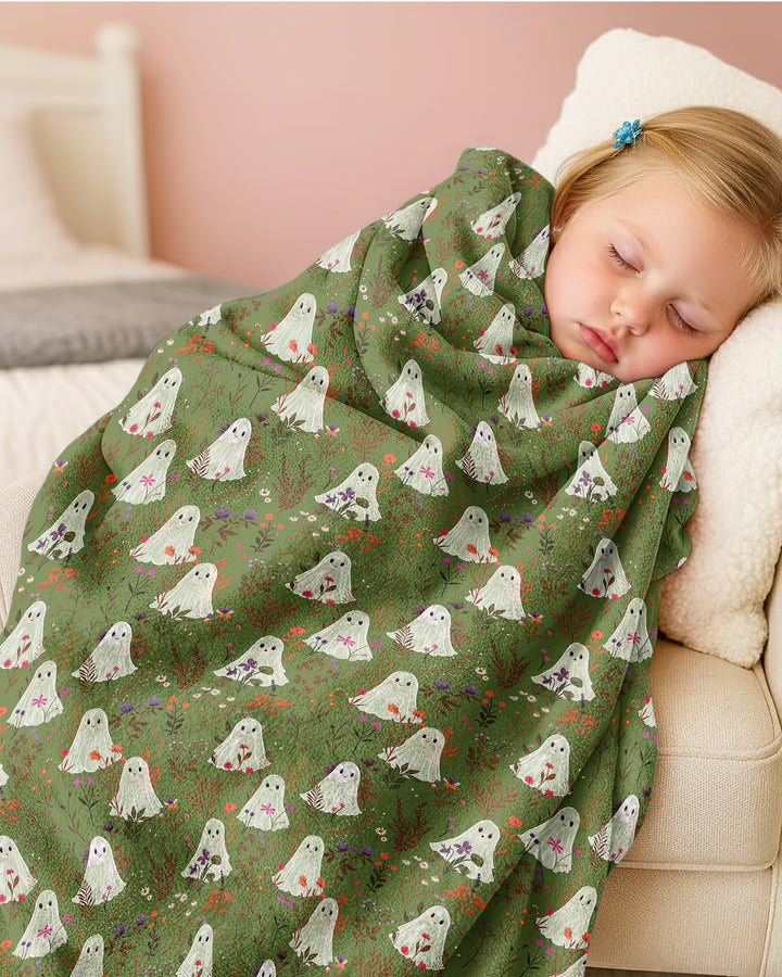 Cute Ghost Halloween Moss Green Floral Bamboo Blanket