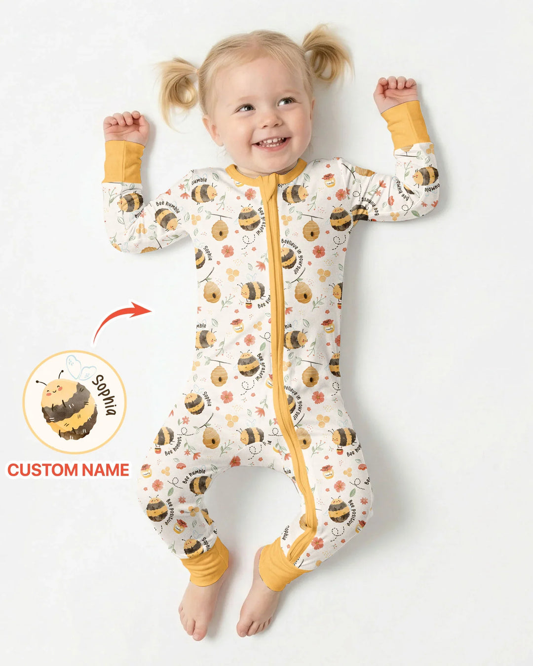 Mameluco convertible de bambú con cremallera y nombre personalizado Bee Kind