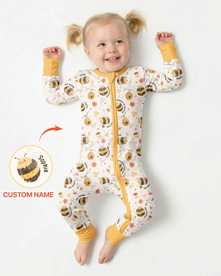 Mameluco convertible de bambú con cremallera y nombre personalizado Bee Kind