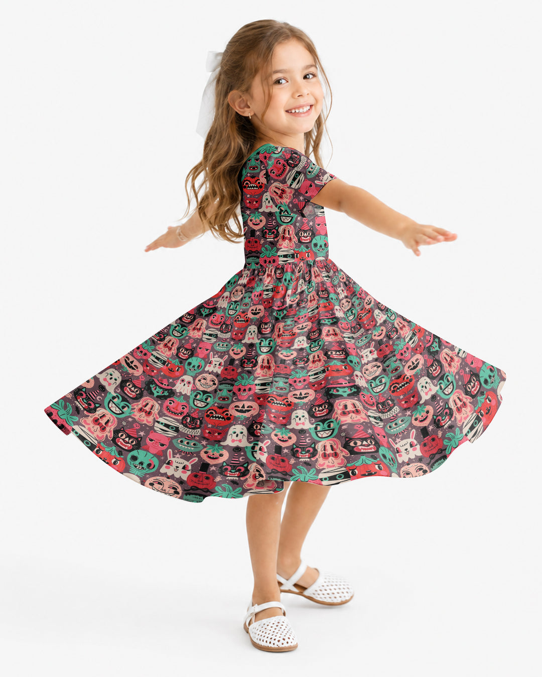 Retro Halloween Monsters Ghost Pumpkin Mummy Bamboo Twirl Dress