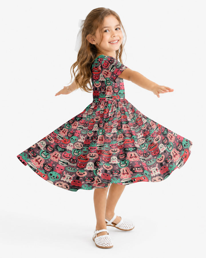 Retro Halloween Monsters Ghost Pumpkin Mummy Bamboo Twirl Dress