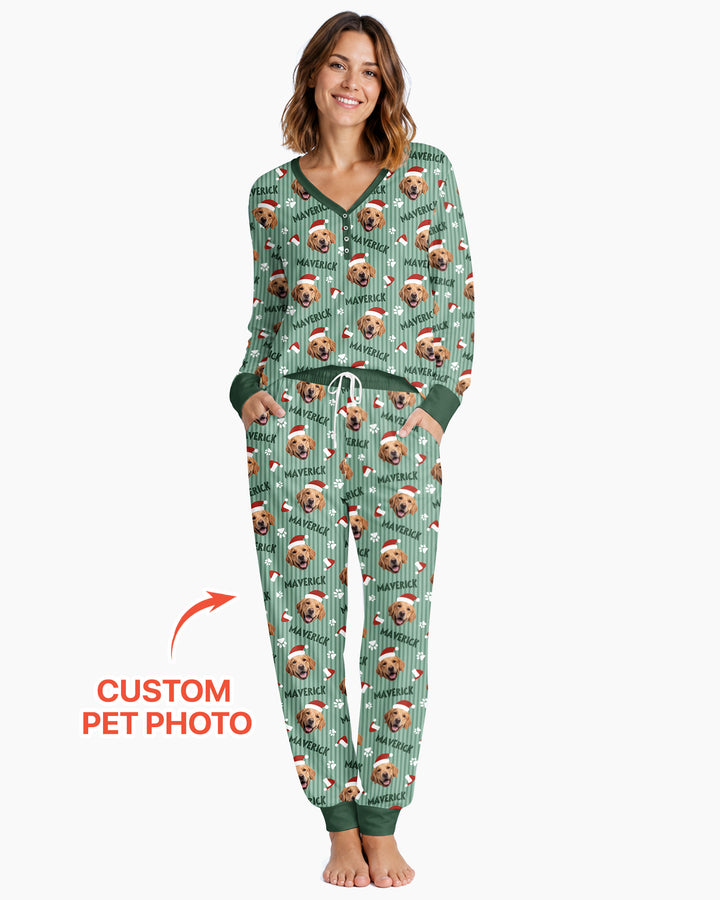 Custom Pet Photo Christmas Paws Stripe Bamboo Women Pajama Set