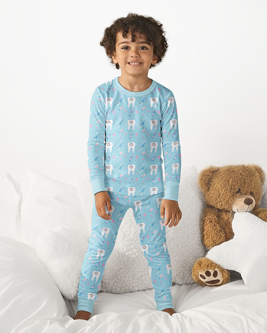 Brushing Teeth Blue Bamboo Two Piece Long Sleeve Pajama Set