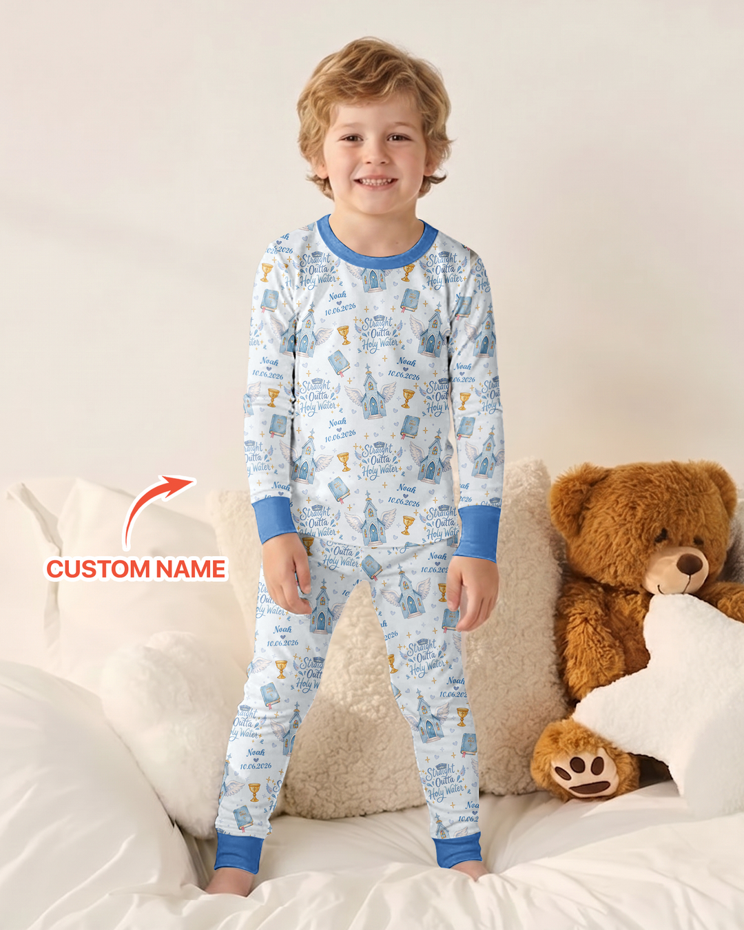 Custom Name Baptism Christening Straight Outta Holy Water Bamboo Two Piece Long Sleeve Pajama Set