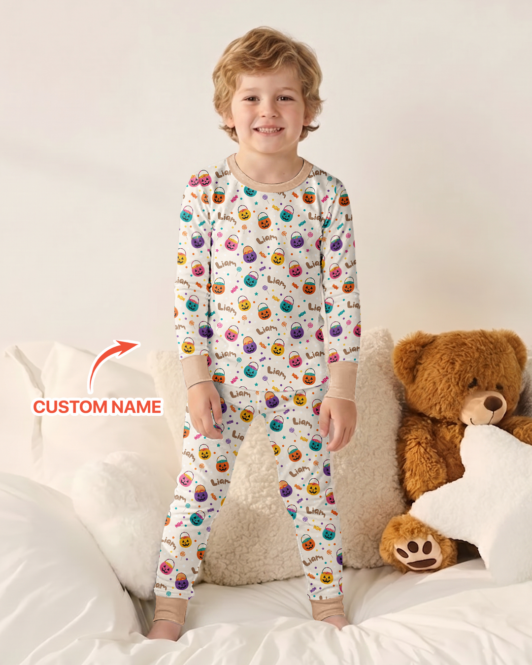 Custom Colorful Trick Or Treat Halloween Candy Bag Bamboo Two Piece Long Sleeve Pajama Set