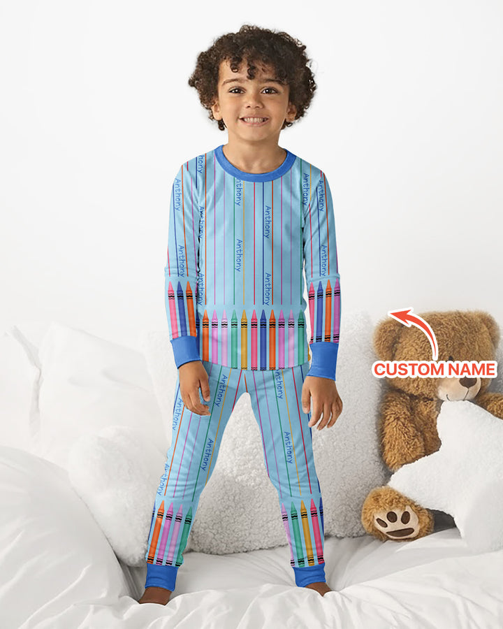 Custom Name Crayon Lines Bamboo Two Piece Long Sleeve Pajama Set